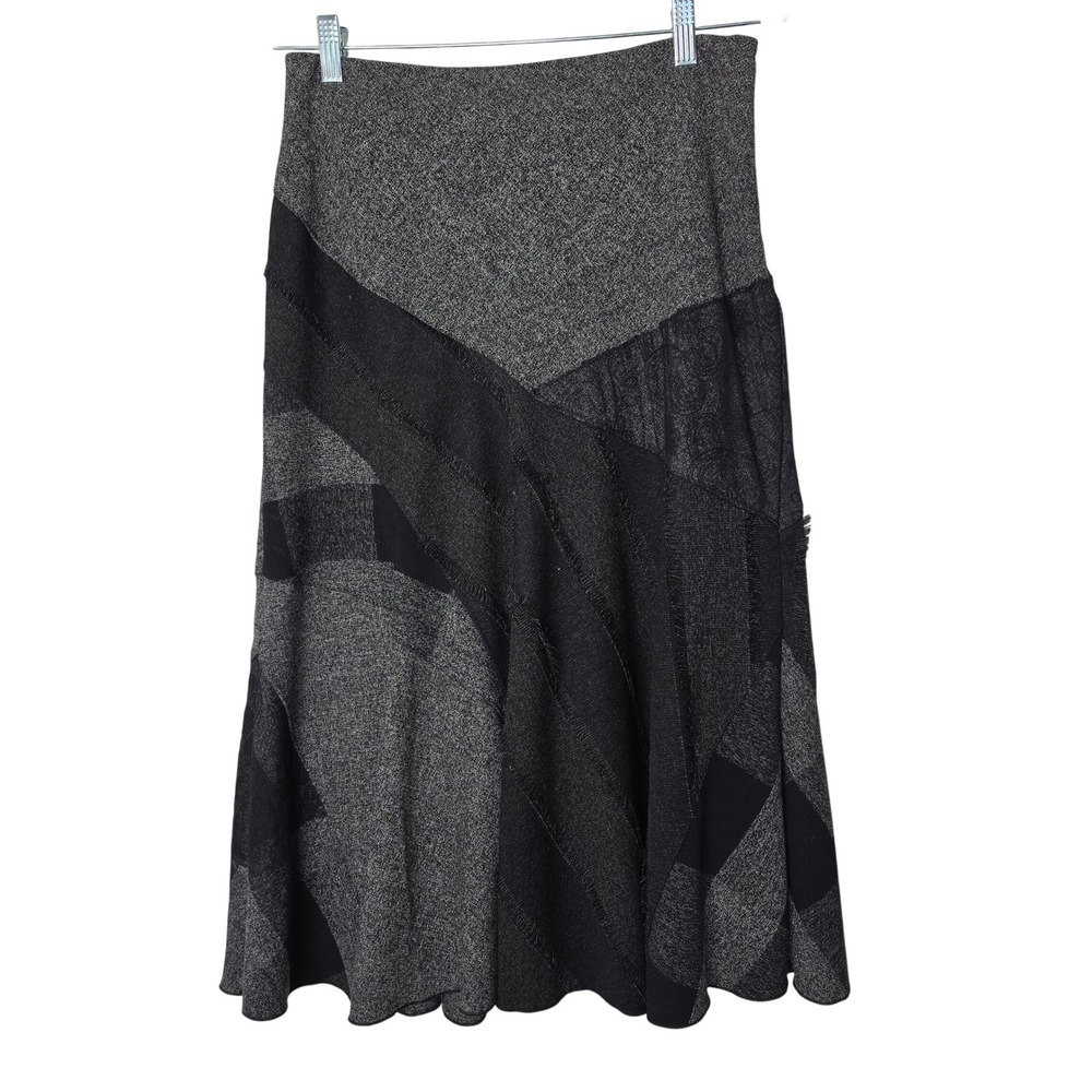 Coldwater Creek Skirt Womens PS Gray Black Patchwork Midi A-Line Fringed Tweed